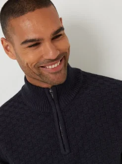 Threadbare Blue Textured Quarter Zip Jumper With Wool