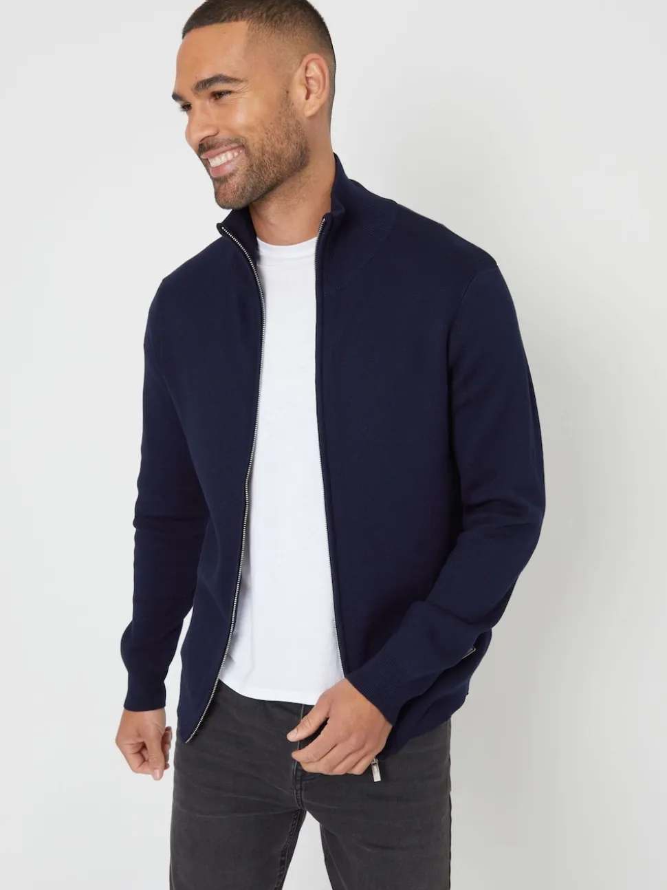 Threadbare Blue Zip-Through Funnel Neck Knitted Cardigan