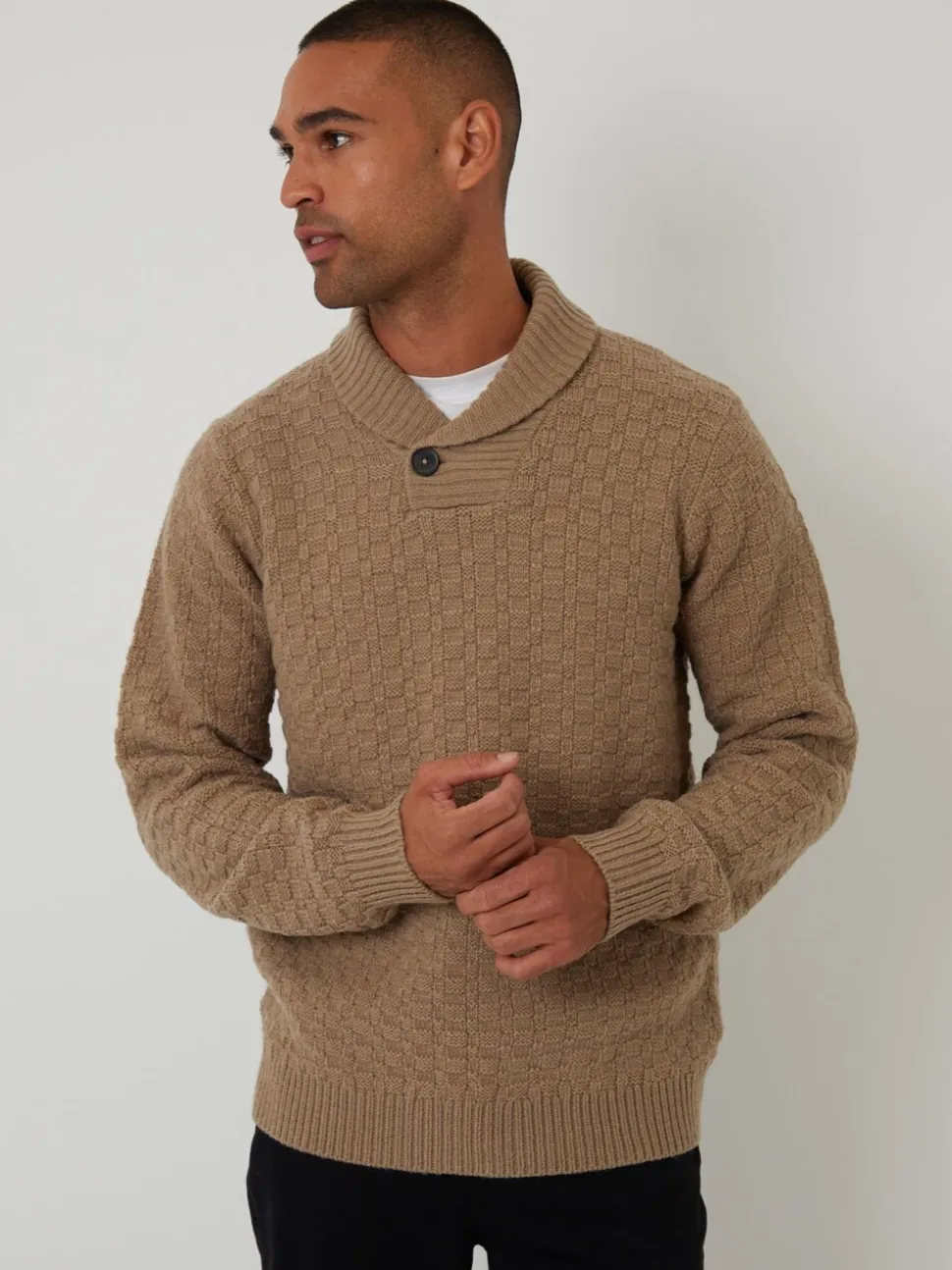 Threadbare Brown Basket Stitch Knitted Shawl Neck Jumper