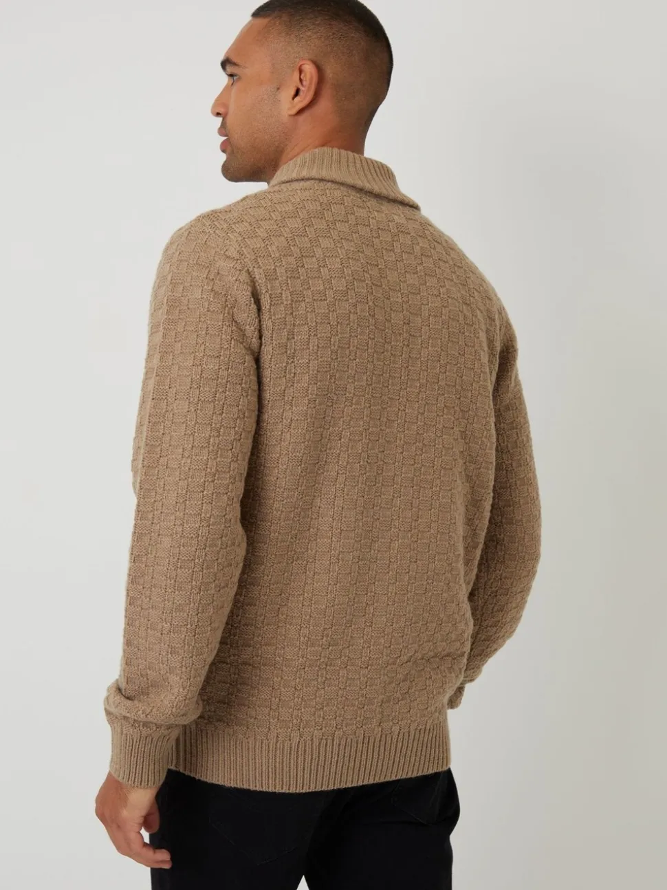 Threadbare Brown Basket Stitch Knitted Shawl Neck Jumper