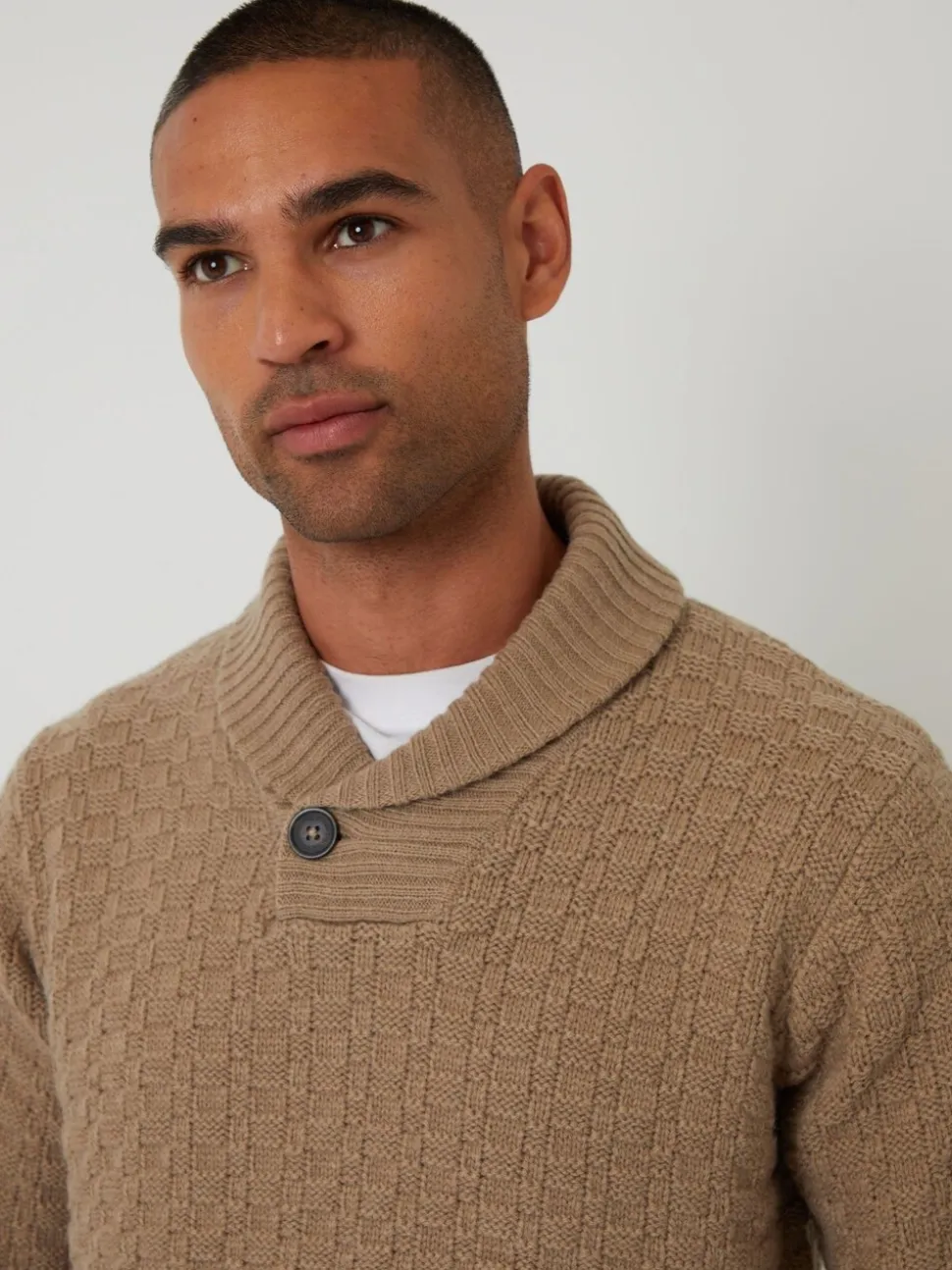Threadbare Brown Basket Stitch Knitted Shawl Neck Jumper