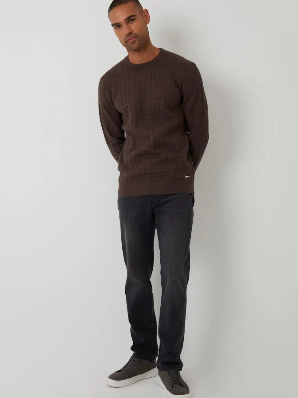 Threadbare Brown Cable Knit Crew Neck Jumper
