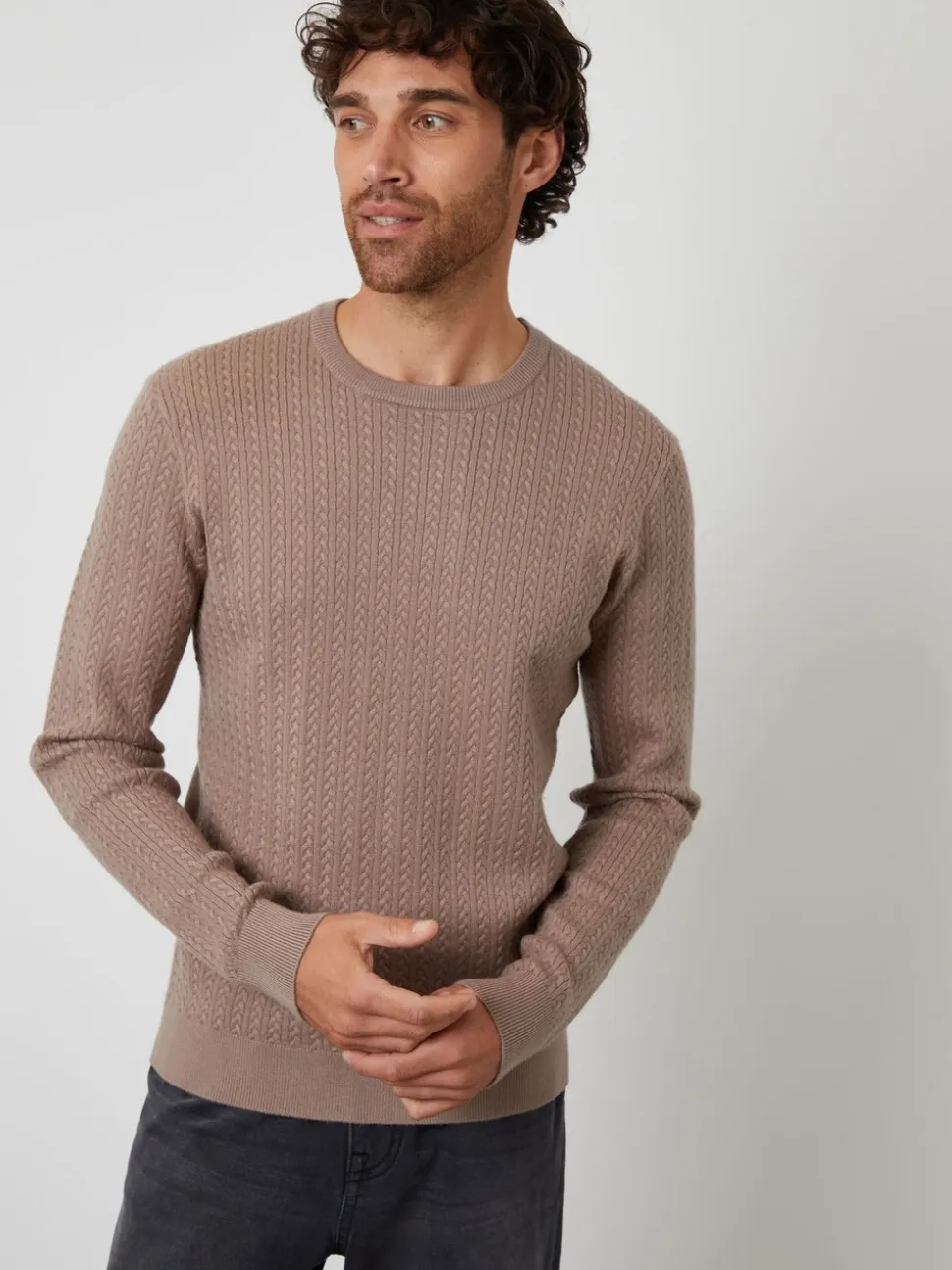 Threadbare Brown Cable Knit Rib Crew Neck Jumper