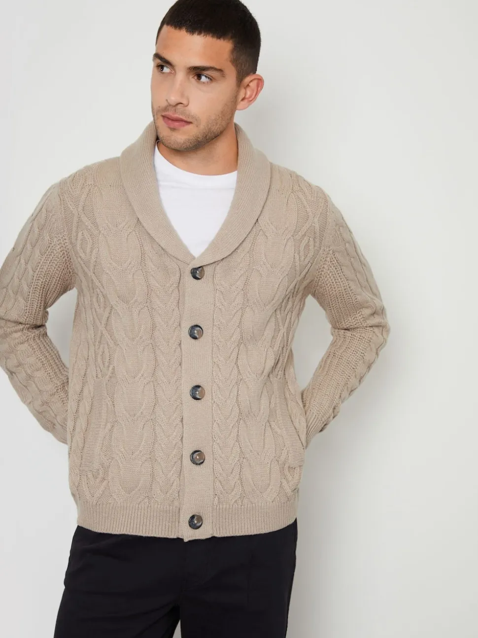 Threadbare Brown Cable Knit Shawl Collar Cardigan With Wool