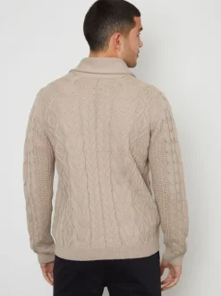 Threadbare Brown Cable Knit Shawl Collar Cardigan With Wool