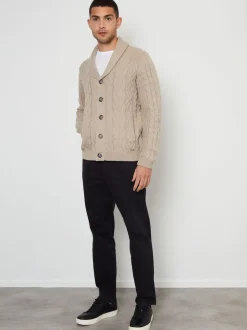 Threadbare Brown Cable Knit Shawl Collar Cardigan With Wool