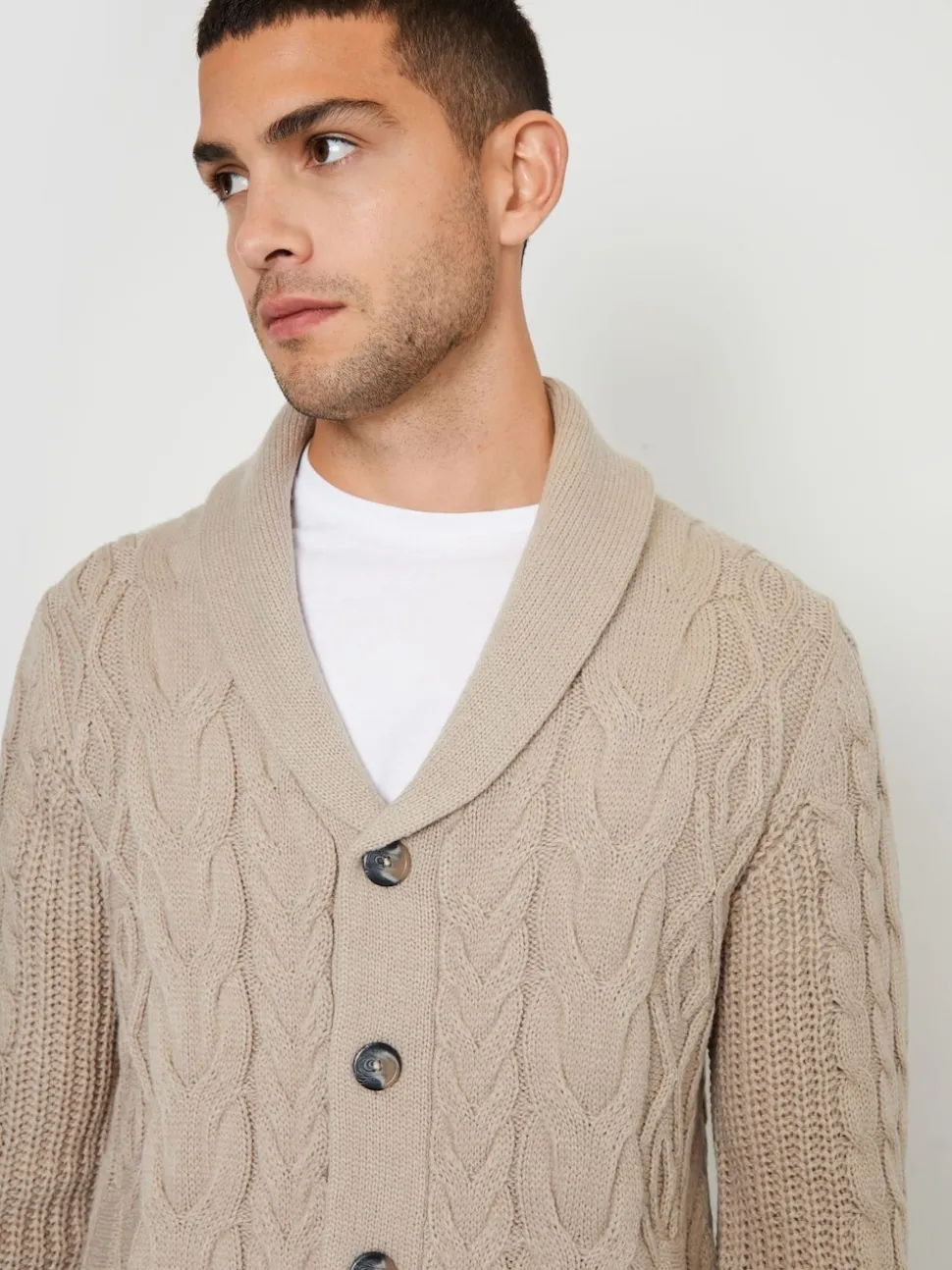 Threadbare Brown Cable Knit Shawl Collar Cardigan With Wool