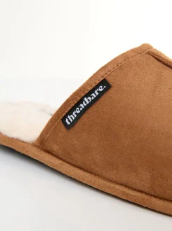Threadbare Brown Faux Fur Lined Slip On Mule Slippers