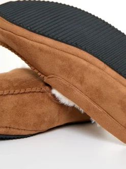 Threadbare Brown Faux Suede Faux Fur Lined Moccasin Slippers