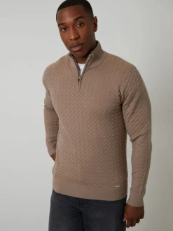 Threadbare Brown Textured Cable Knit Quarter Zip Jumper