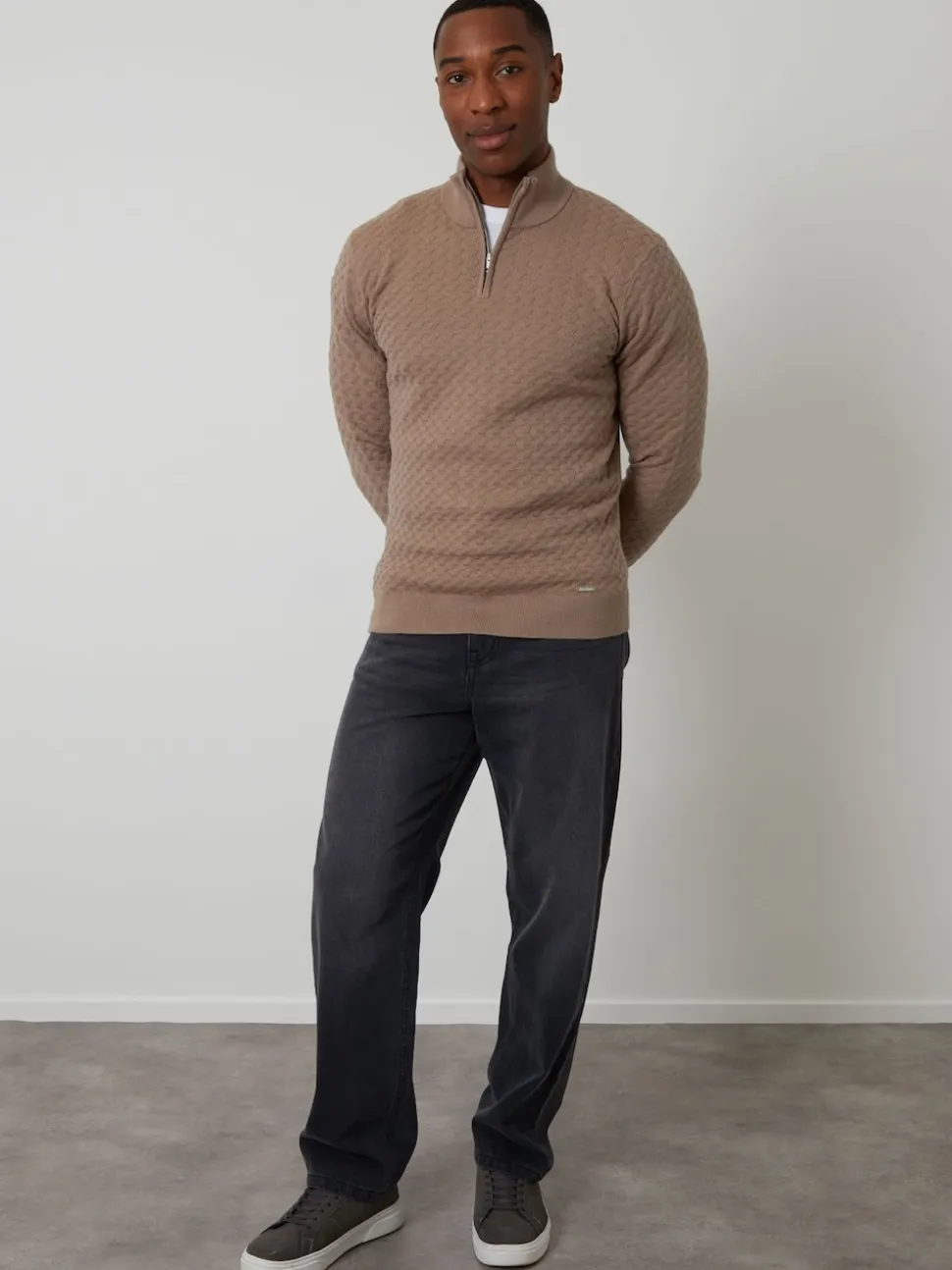 Threadbare Brown Textured Cable Knit Quarter Zip Jumper