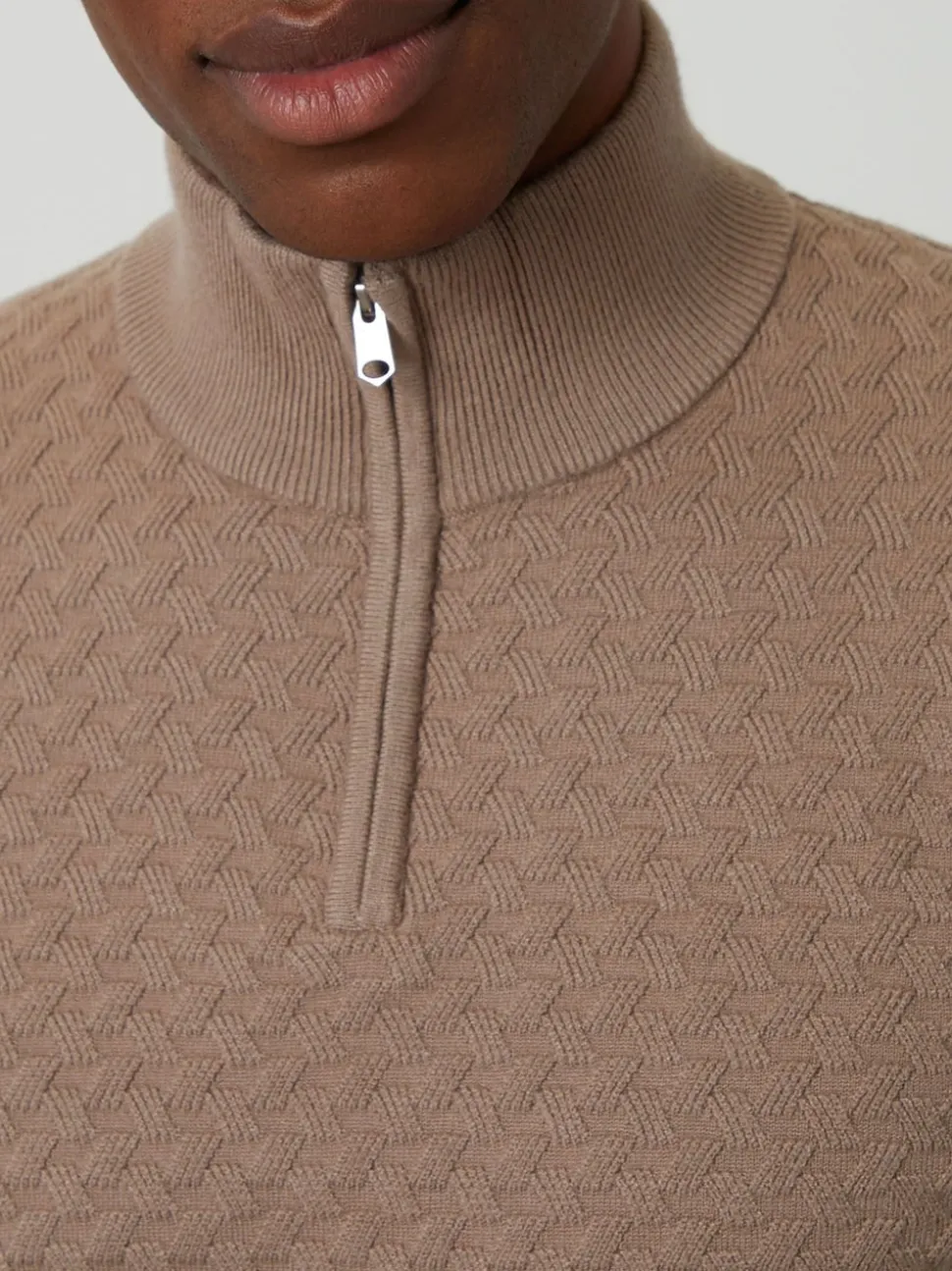 Threadbare Brown Textured Cable Knit Quarter Zip Jumper