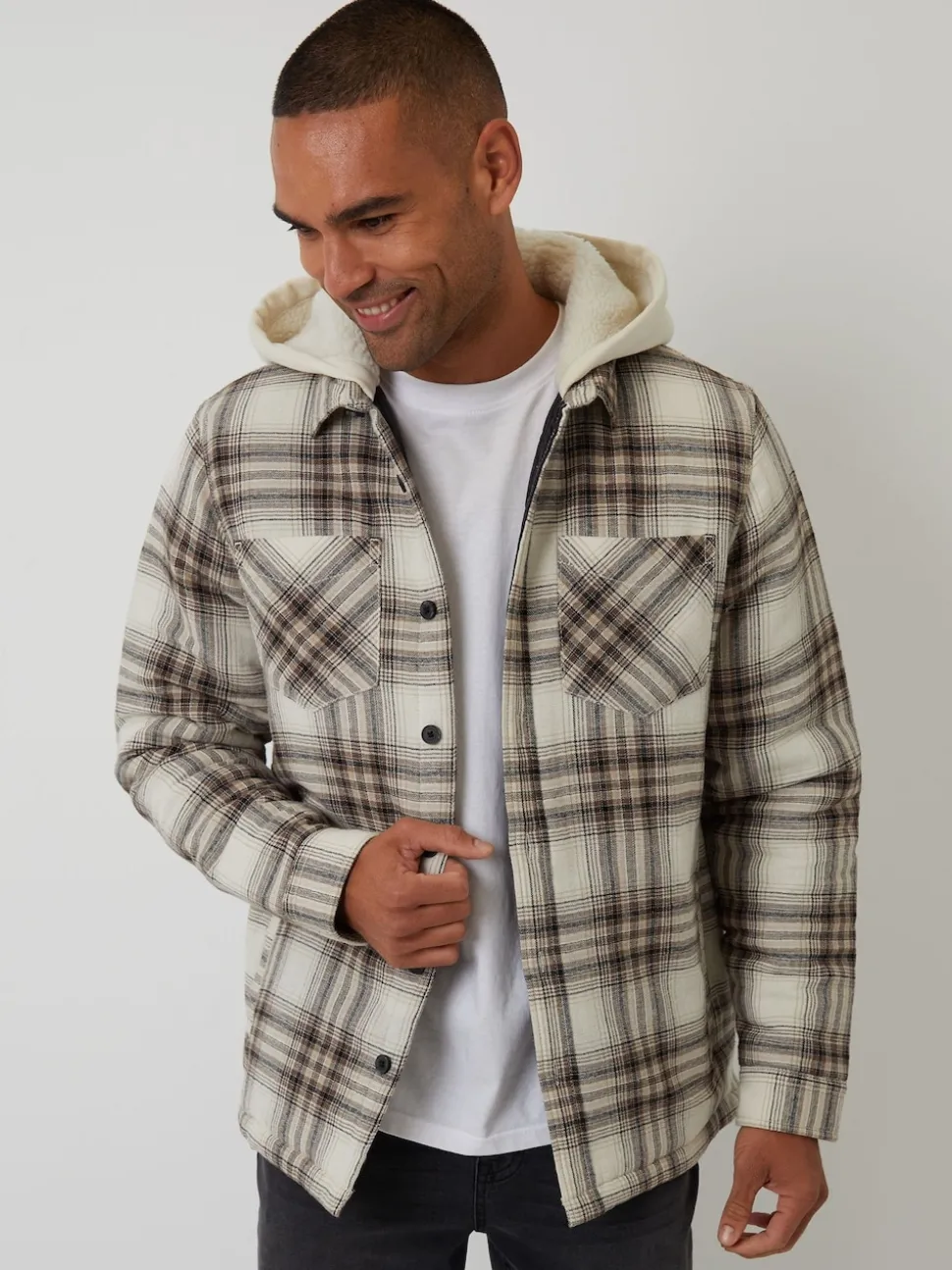 Threadbare Cream Check Quilted Shacket with Borg Lined Hood