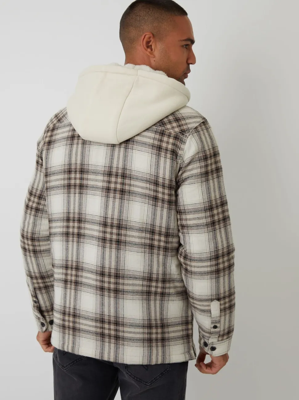 Threadbare Cream Check Quilted Shacket with Borg Lined Hood