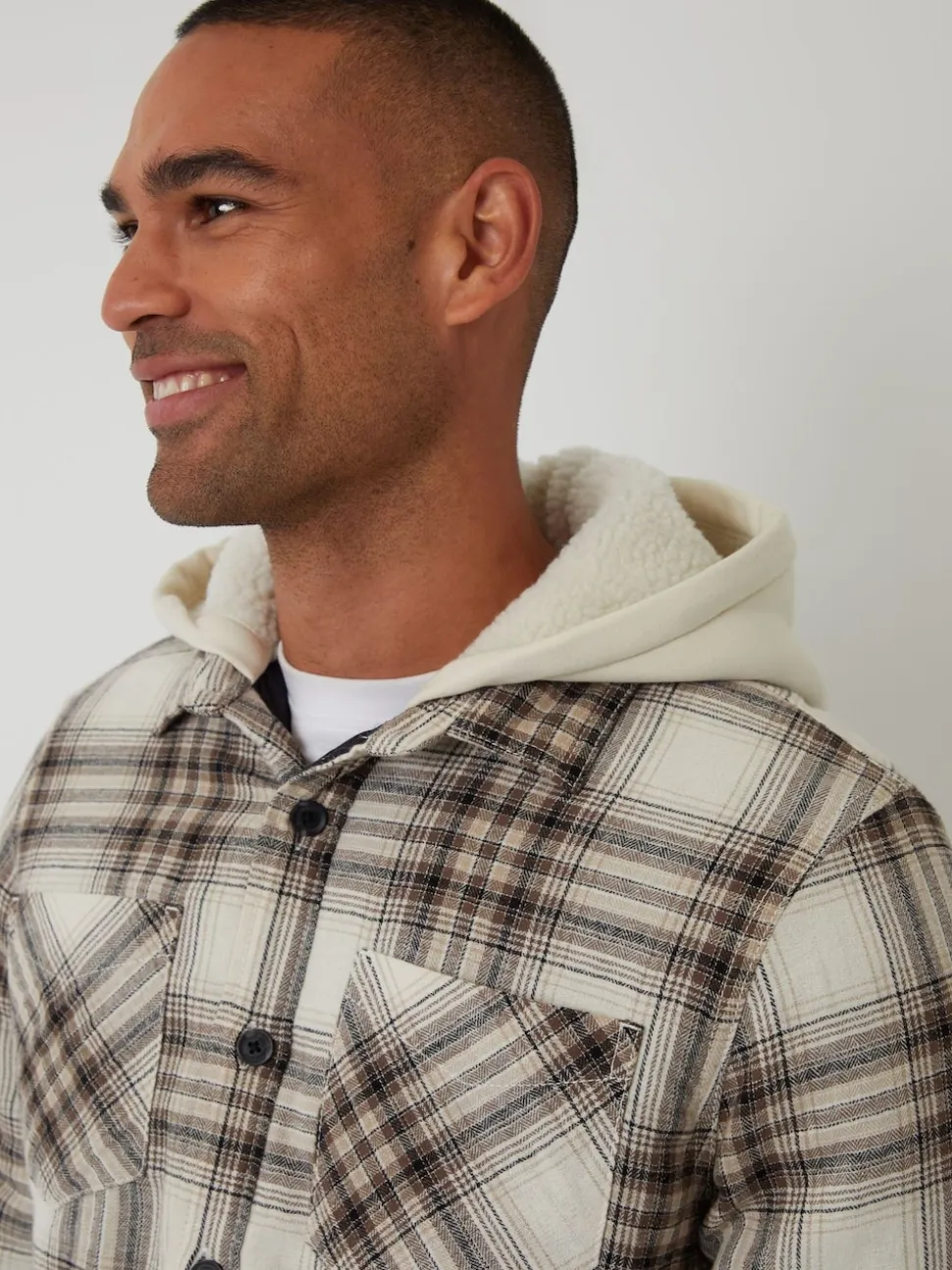 Threadbare Cream Check Quilted Shacket with Borg Lined Hood