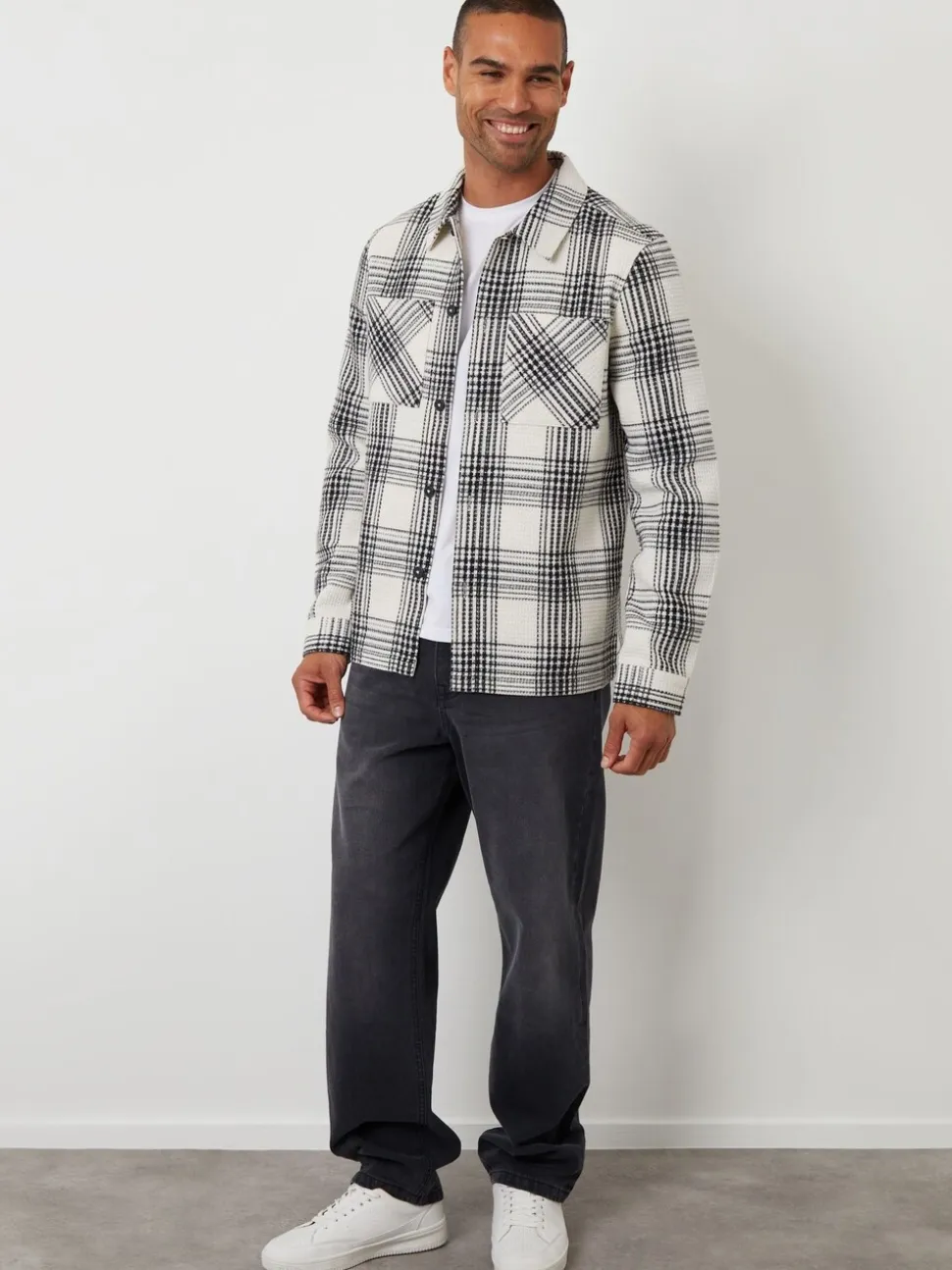Threadbare Cream Check Waffle Textured Shacket