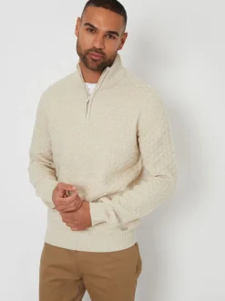 Threadbare Dark Brown Textured Quarter Zip Jumper With Wool