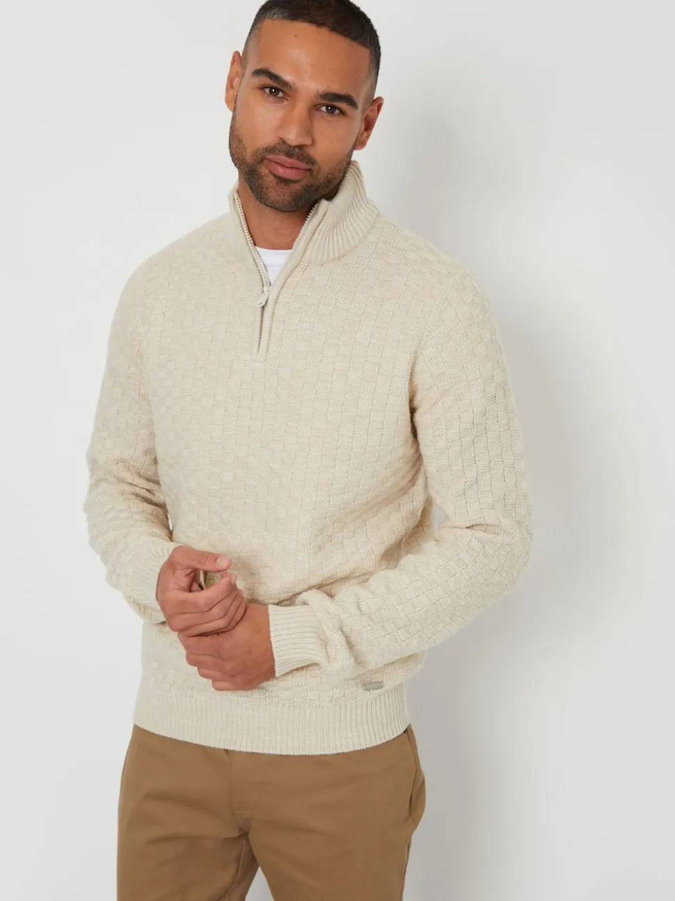 Threadbare Dark Brown Textured Quarter Zip Jumper With Wool