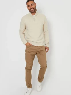 Threadbare Dark Brown Textured Quarter Zip Jumper With Wool