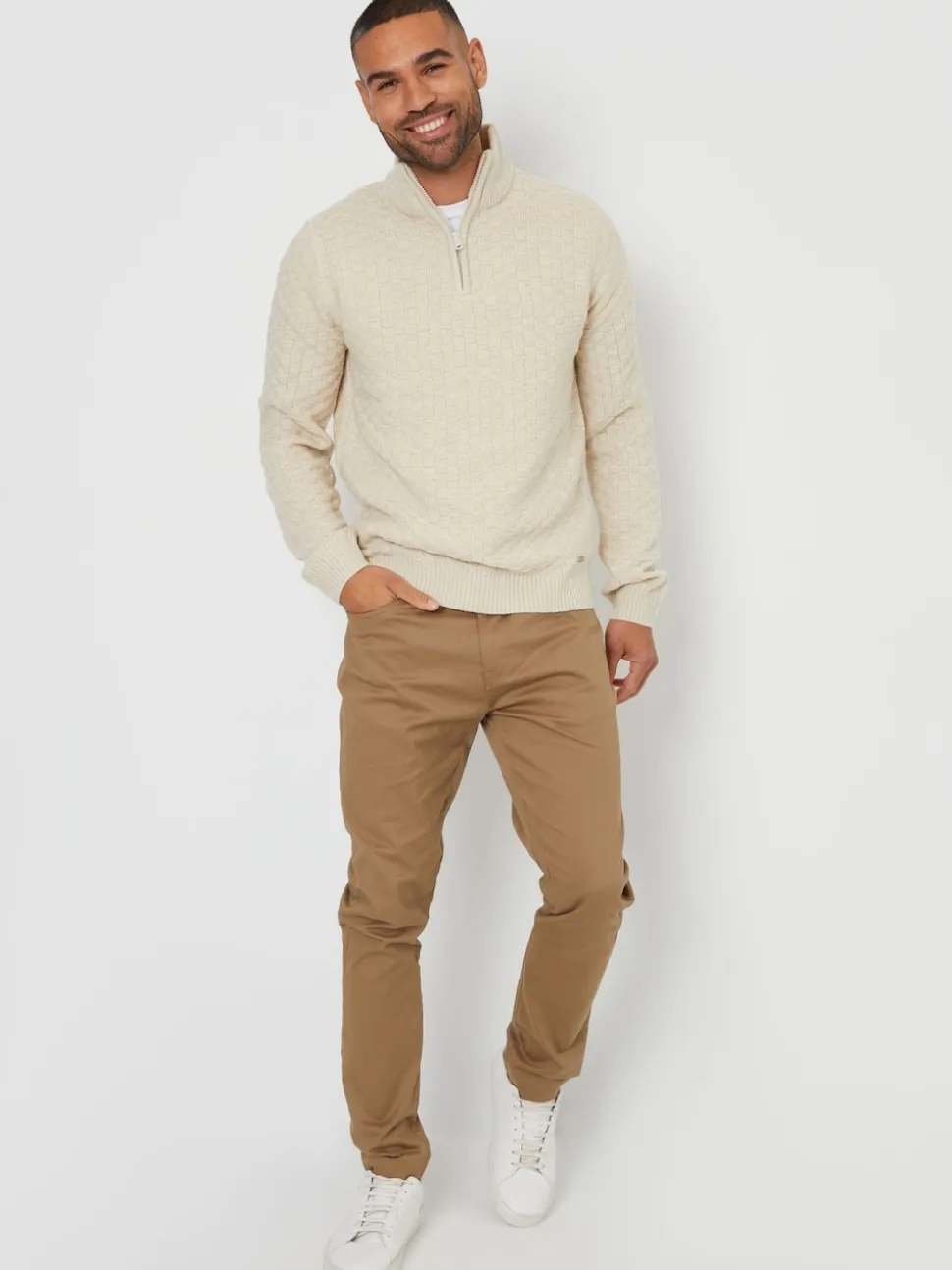 Threadbare Dark Brown Textured Quarter Zip Jumper With Wool