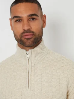 Threadbare Dark Brown Textured Quarter Zip Jumper With Wool