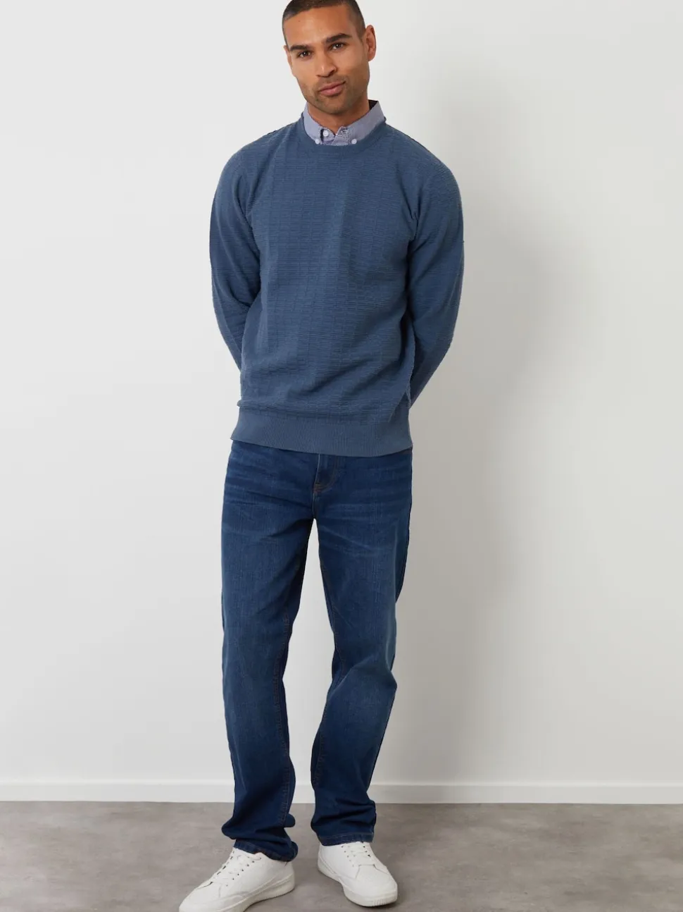 Threadbare Denim Blue Mock Shirt Textured Knitted Jumper