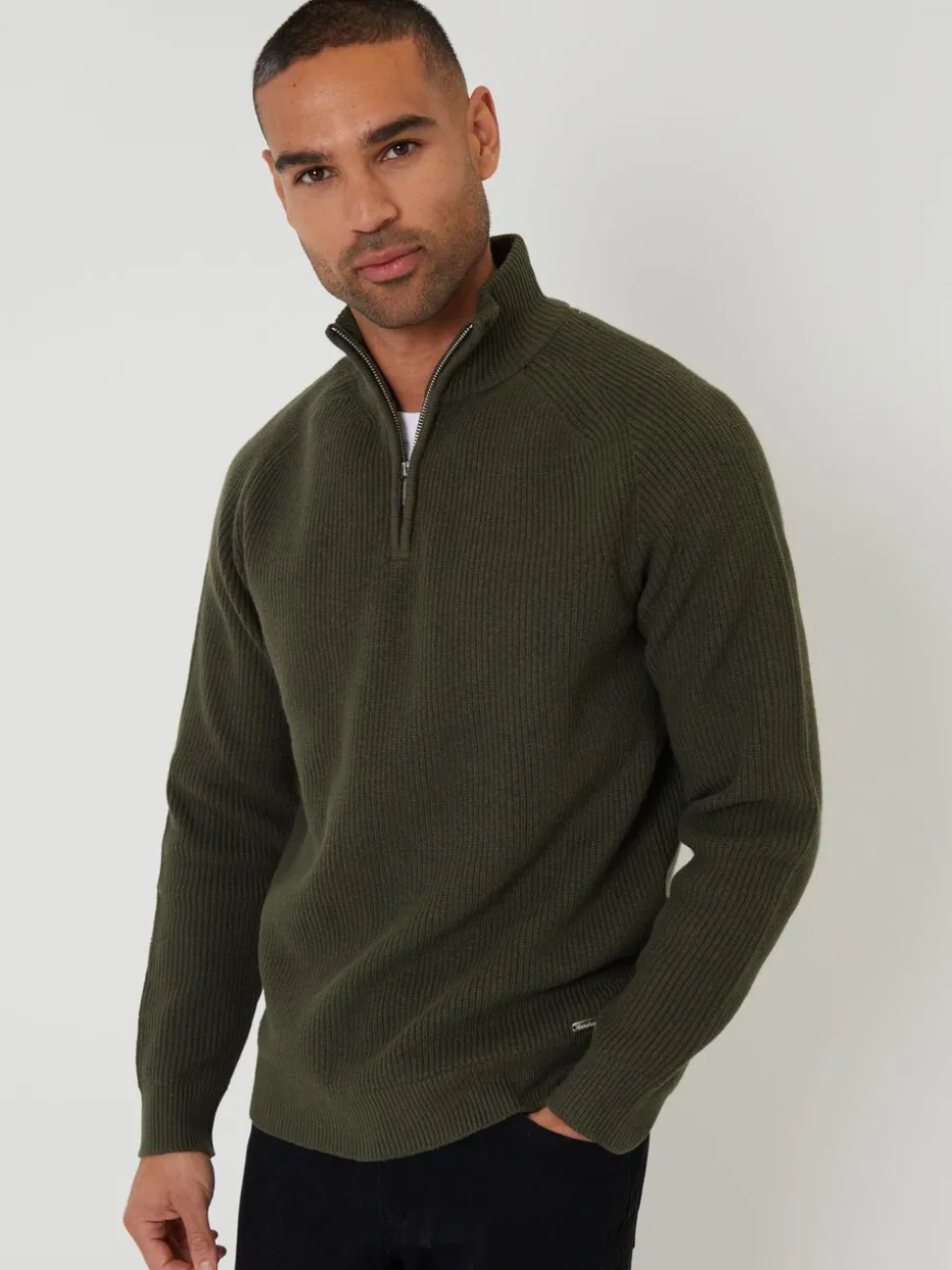Threadbare Green Rib Panel Quarter Zip Knitted Jumper