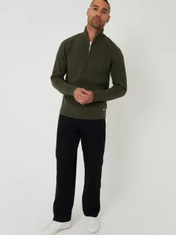 Threadbare Green Rib Panel Quarter Zip Knitted Jumper