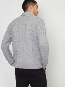 Threadbare Grey Cable Knit Shawl Collar Cardigan With Wool