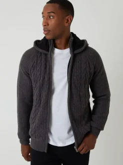 Threadbare Grey Cable Knit Microfleece Lined Zip Through Hoodie