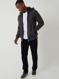 Threadbare Grey Cable Knit Microfleece Lined Zip Through Hoodie