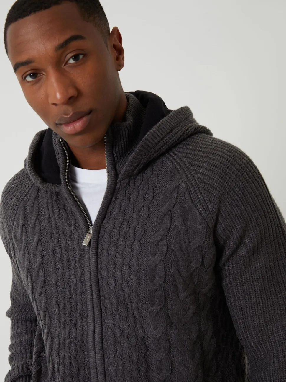 Threadbare Grey Cable Knit Microfleece Lined Zip Through Hoodie