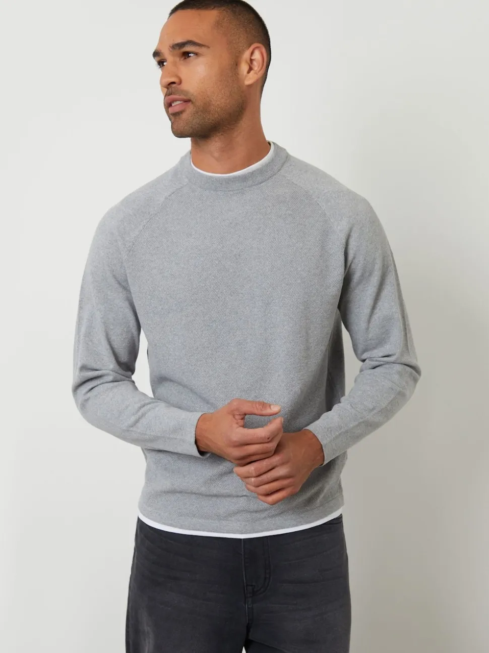 Threadbare Grey Mock T-Shirt Textured Knit Crew Neck Jumper