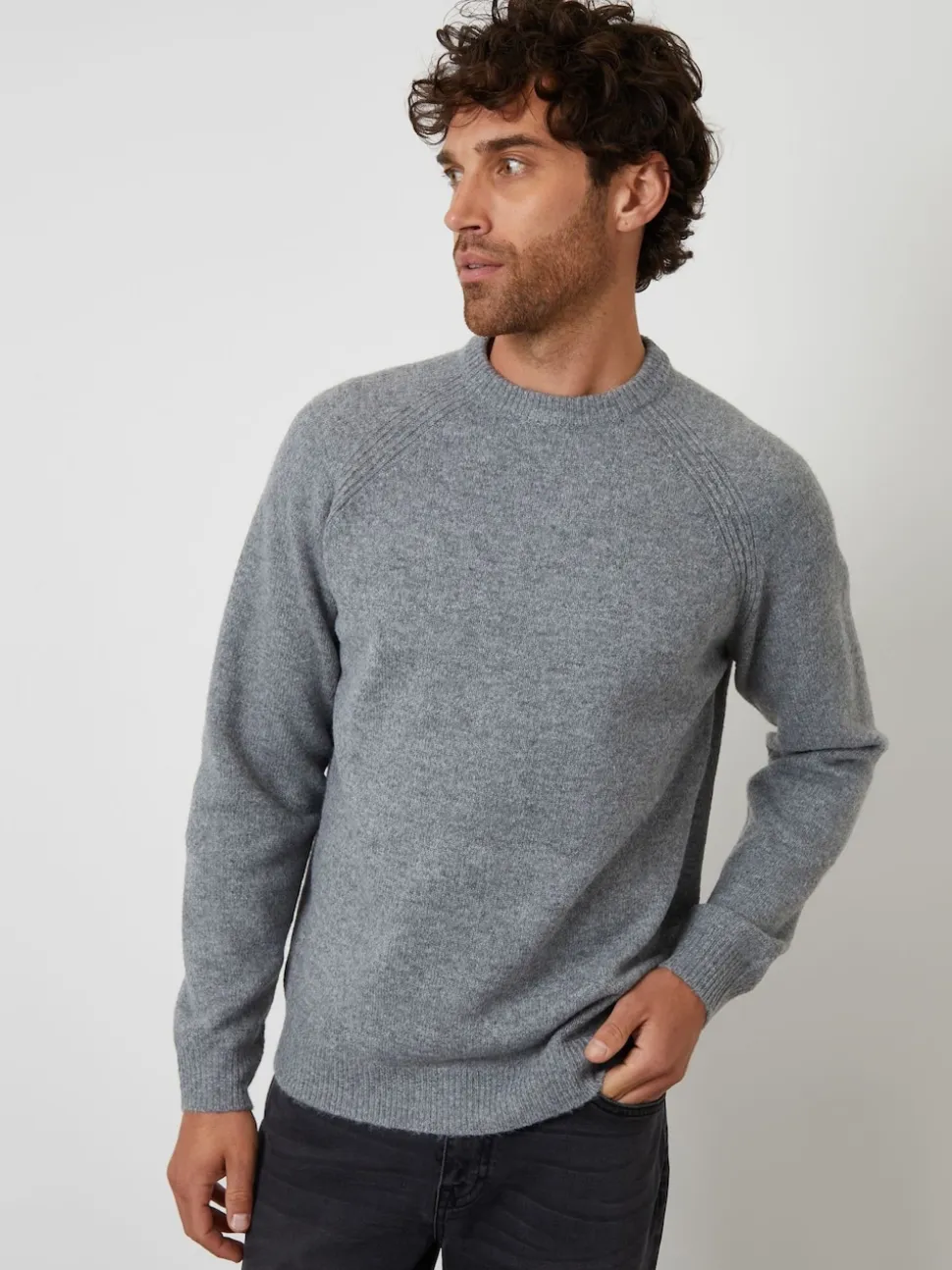 Threadbare Grey Raglan Rib Knitted Crew Neck Jumper