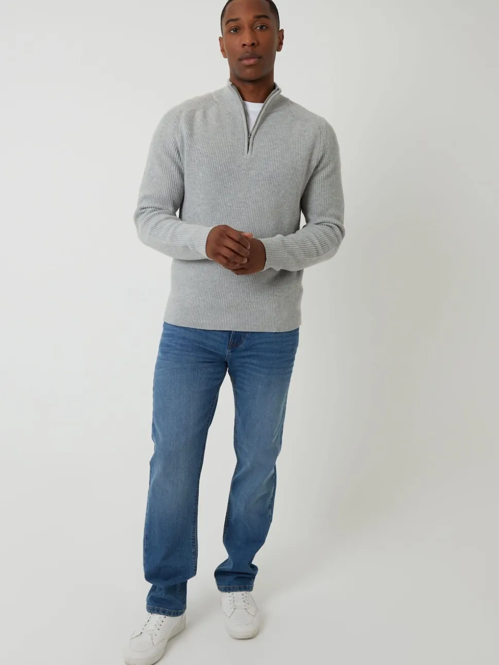 Threadbare Grey Rib Panel Quarter Zip Knitted Jumper
