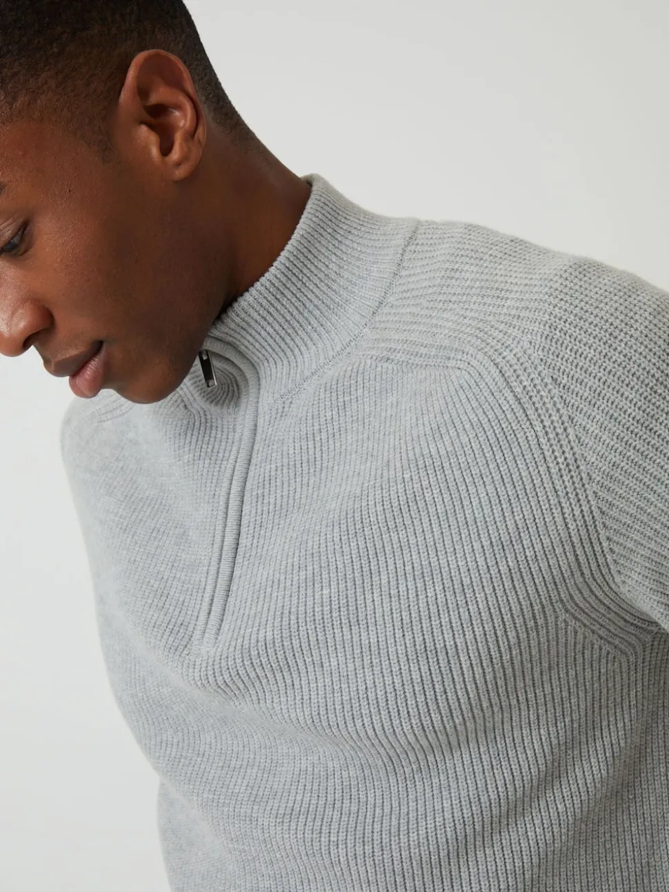 Threadbare Grey Rib Panel Quarter Zip Knitted Jumper