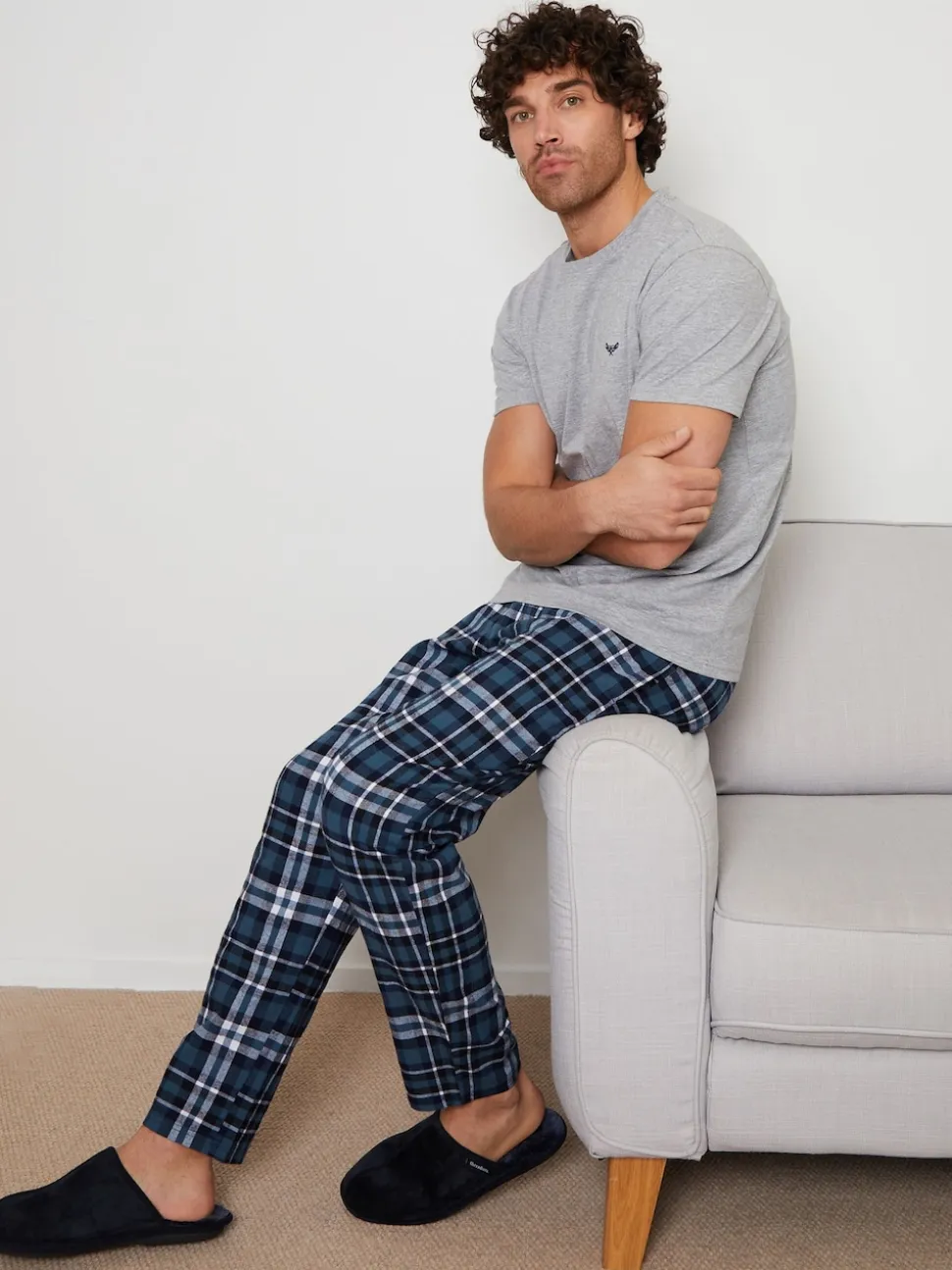 Threadbare Grey Short Sleeve T-Shirt & Check Trousers Pyjamas Set 2 Pack