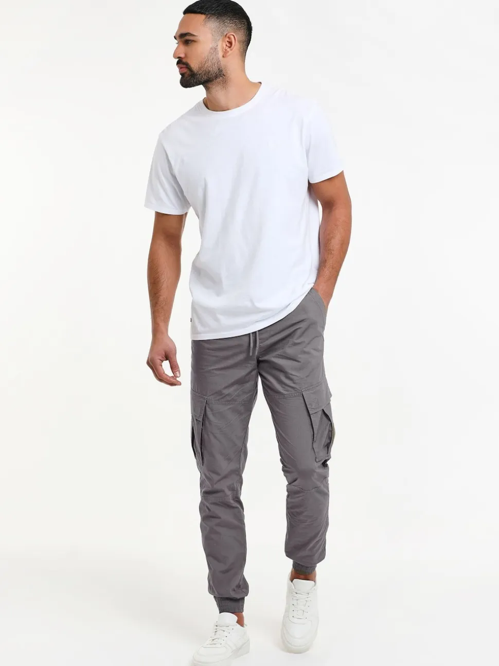 Threadbare Grey Slim Fit Cuffed Cargo 100% Cotton Trousers