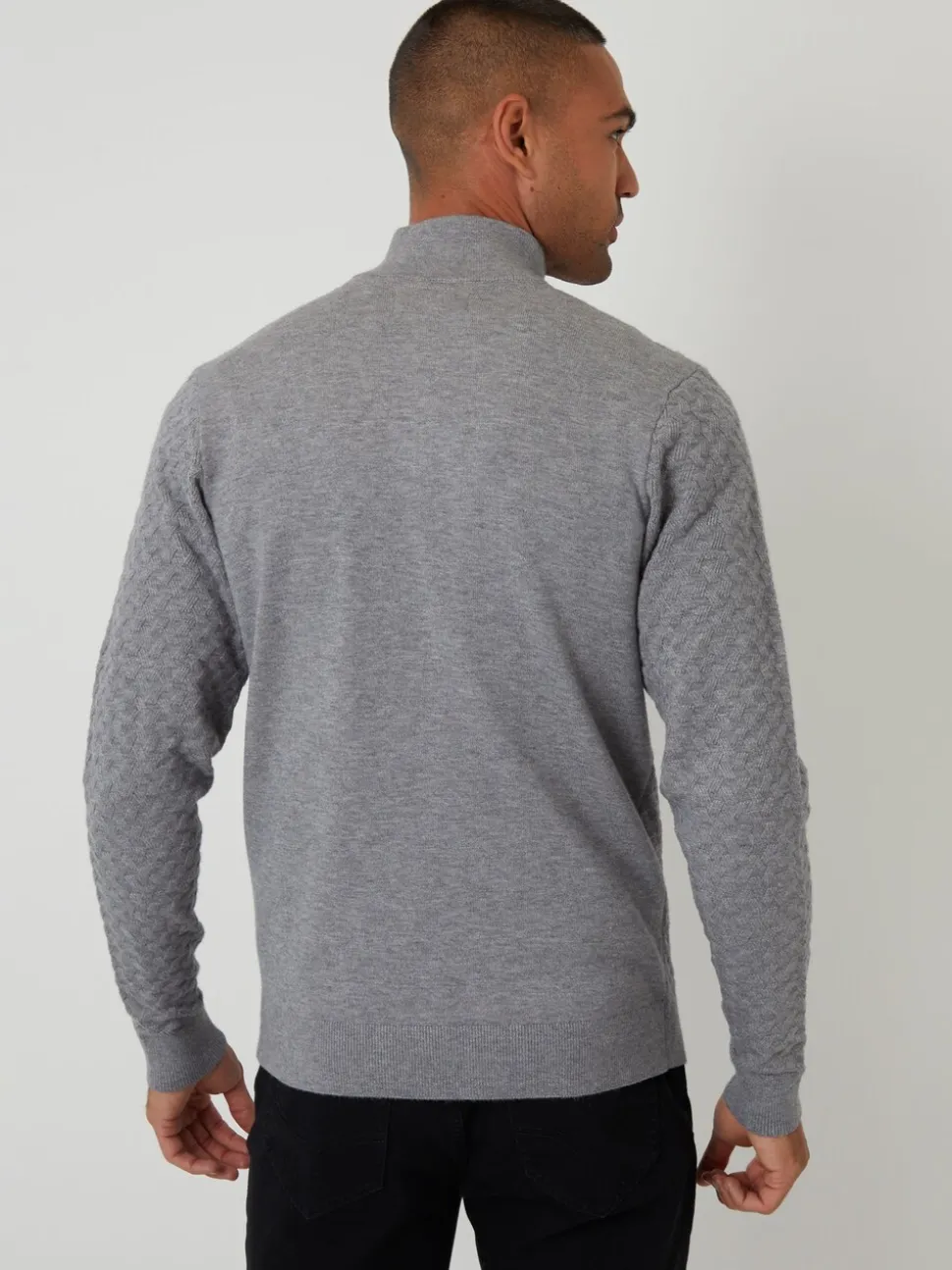 Threadbare Grey Textured Cable Knit Quarter Zip Jumper