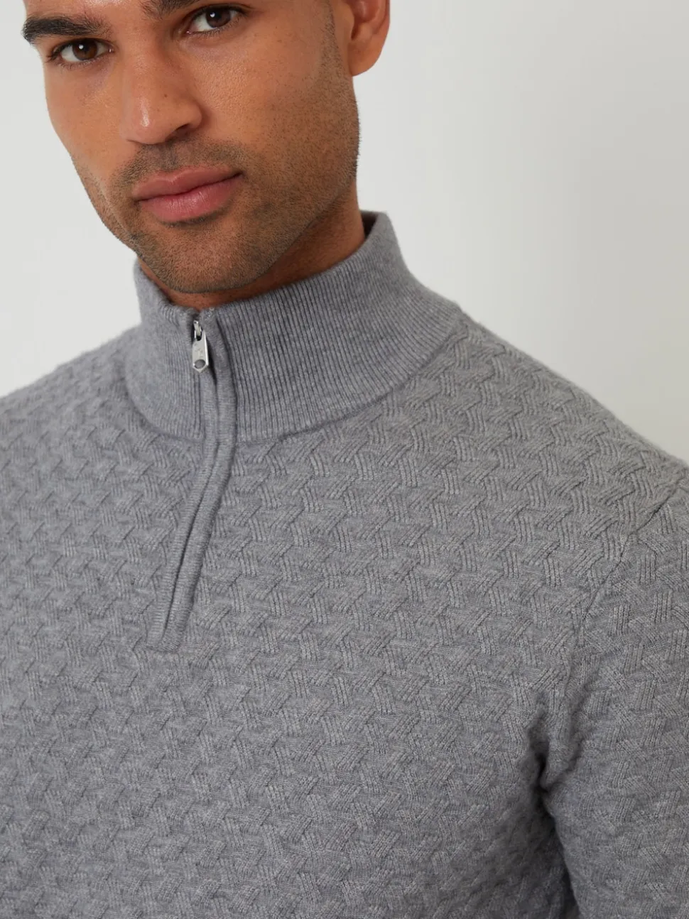 Threadbare Grey Textured Cable Knit Quarter Zip Jumper