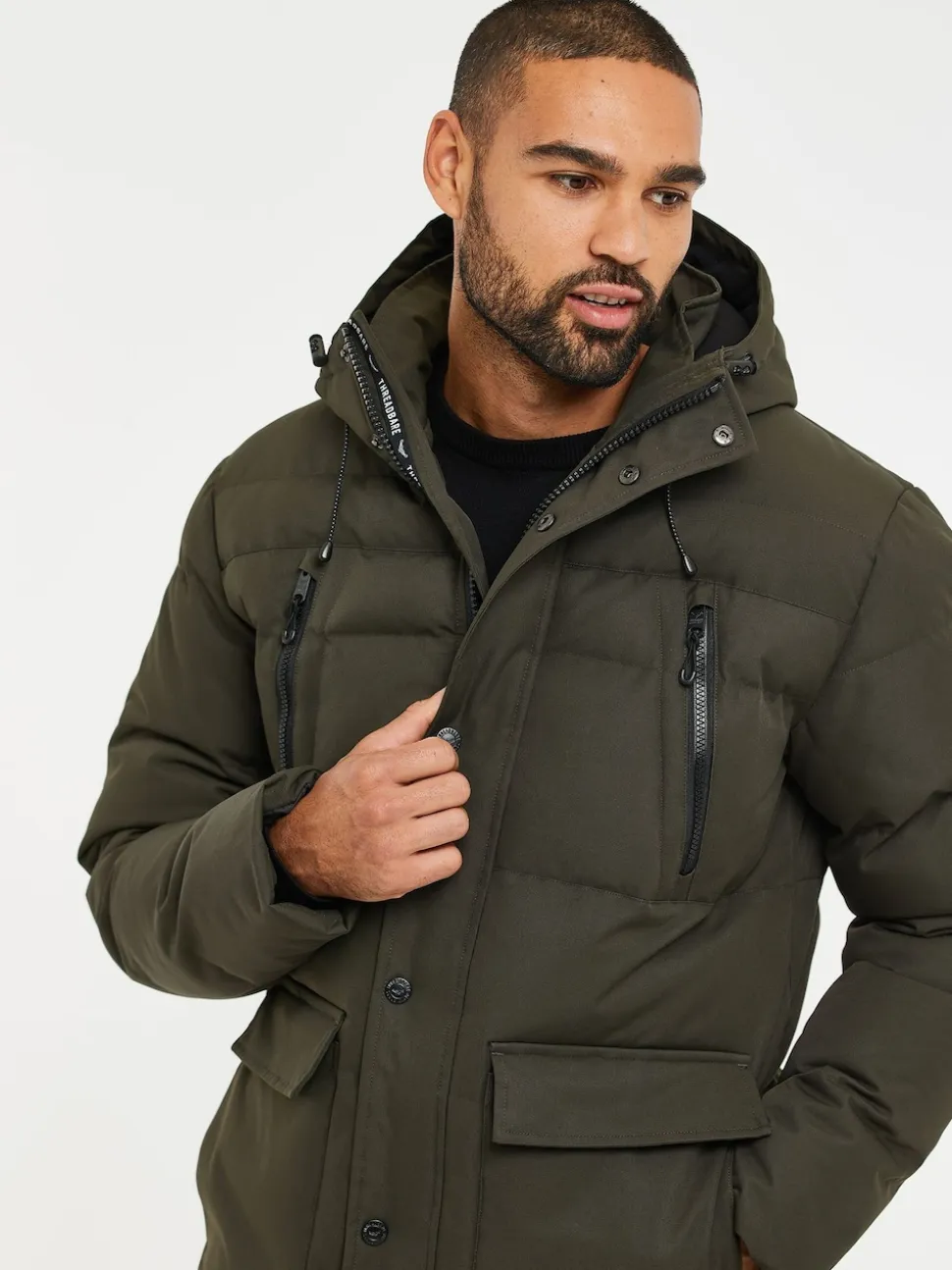 Threadbare Khaki Green Hooded Showerproof Puffer Coat