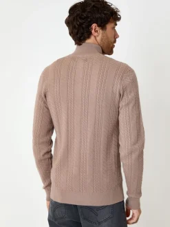 Threadbare Light Brown Cable Knit Quarter Zip Jumper