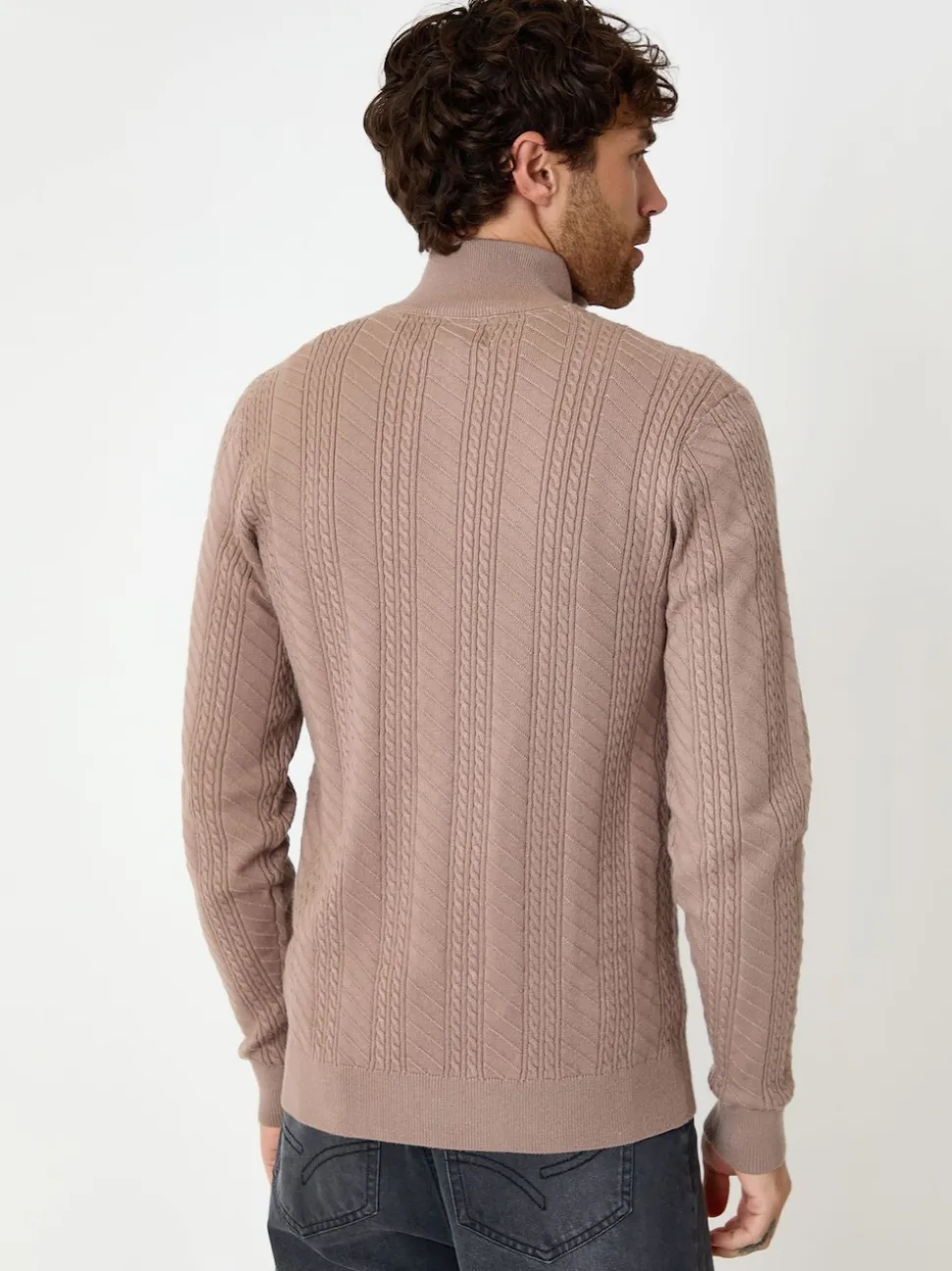 Threadbare Light Brown Cable Knit Quarter Zip Jumper