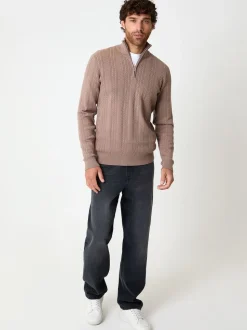 Threadbare Light Brown Cable Knit Quarter Zip Jumper