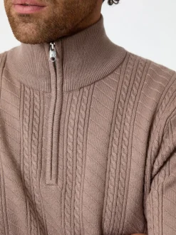 Threadbare Light Brown Cable Knit Quarter Zip Jumper