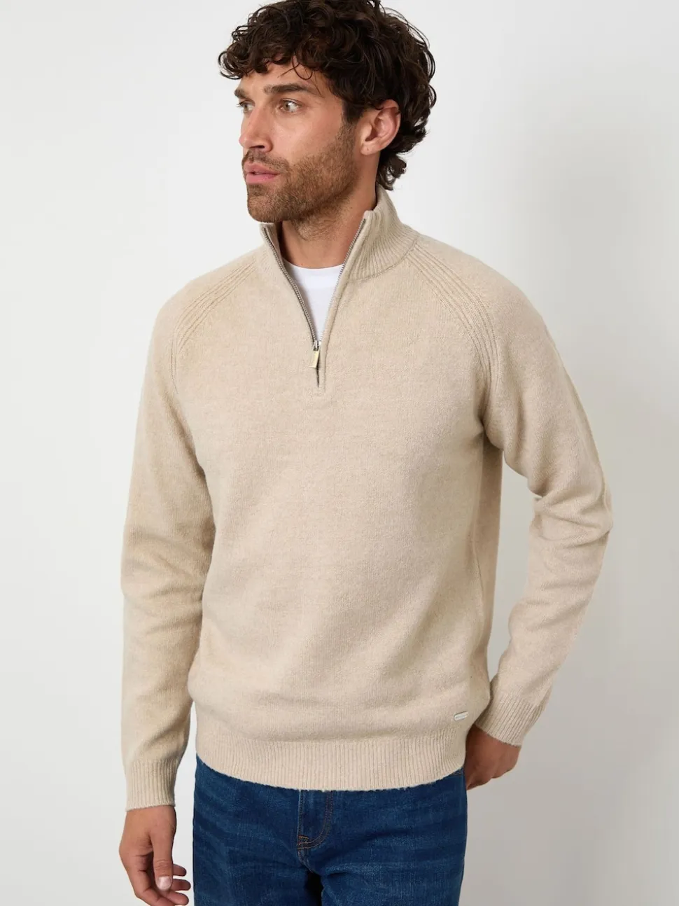 Threadbare Natural Raglan Rib Quarter Zip Knitted Jumper