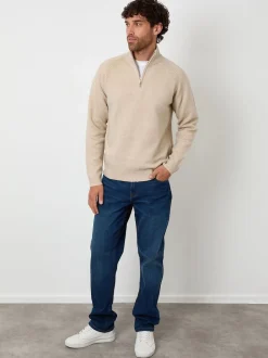 Threadbare Natural Raglan Rib Quarter Zip Knitted Jumper