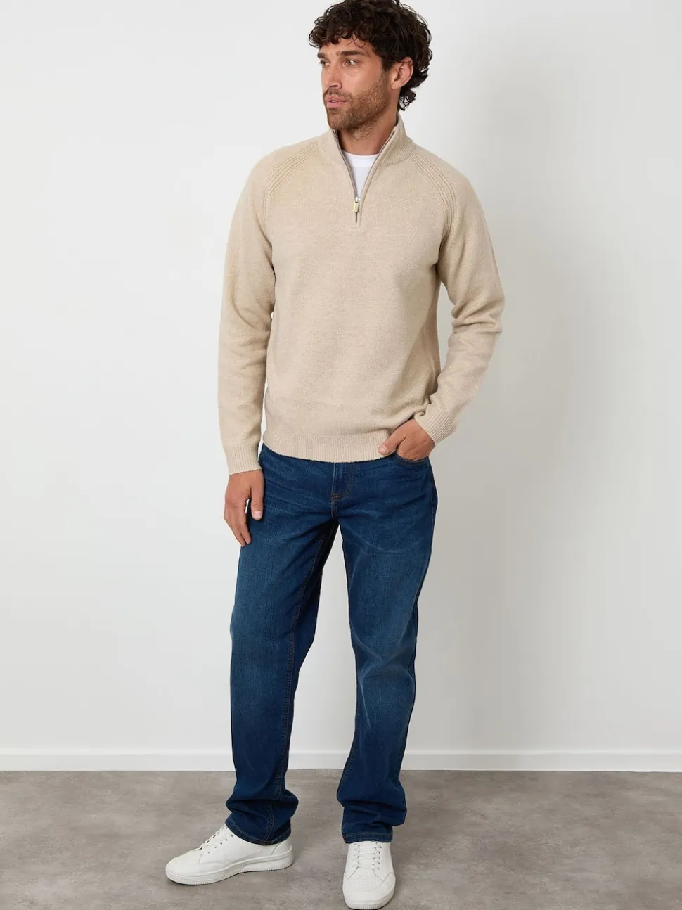 Threadbare Natural Raglan Rib Quarter Zip Knitted Jumper