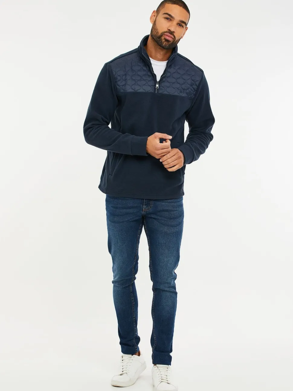 Threadbare Navy Blue Quarter Zip Quilted Fleece Sweatshirt