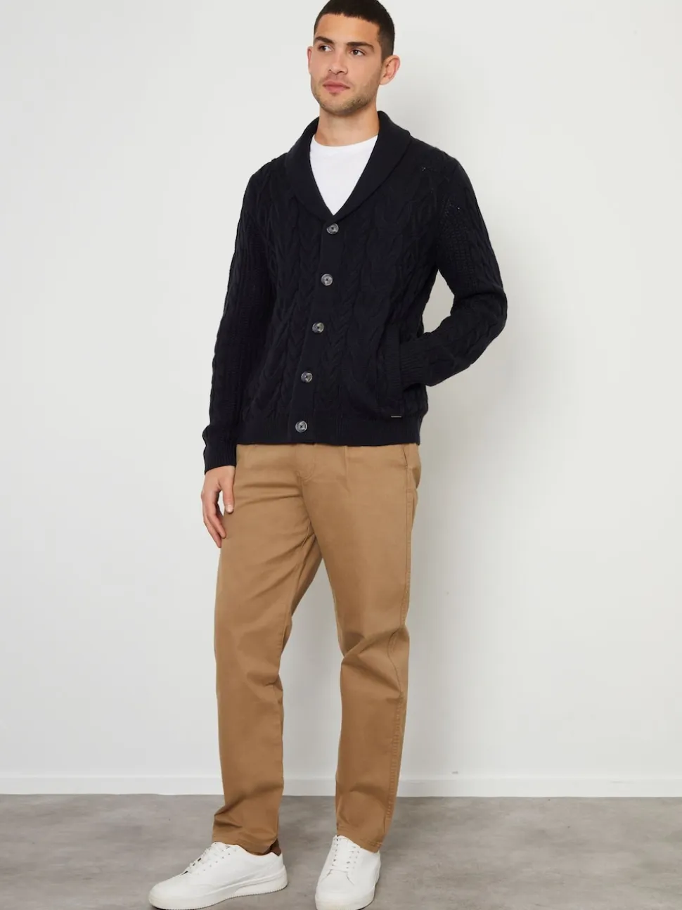 Threadbare Navy Cable Knit Shawl Collar Cardigan With Wool